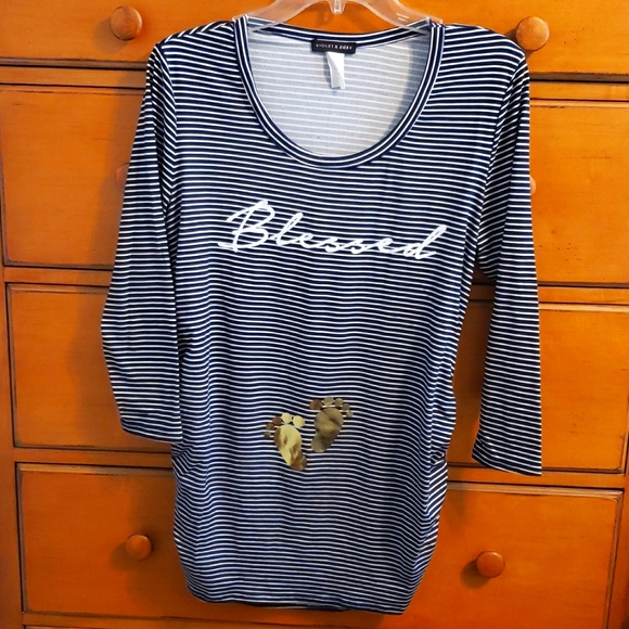Violet & Ruby Long Sleeve Navy & Gold Striped Maternity Tee w/ "Blessed" Graphic - Picture 1 of 5